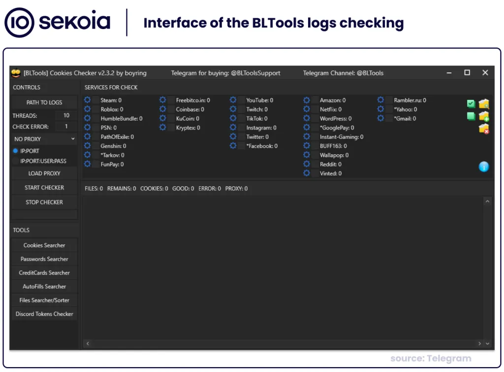 Interface of the BLTools logs checking. Source: Sekoia