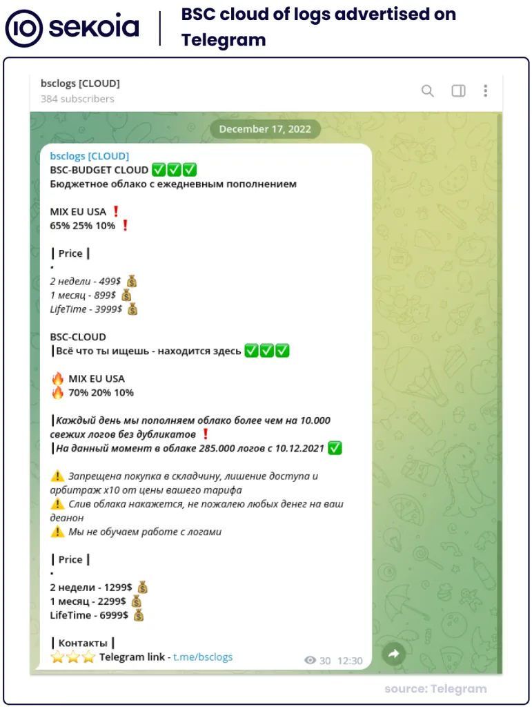BSC cloud of logs advertised on Telegram. Source: Sekoia