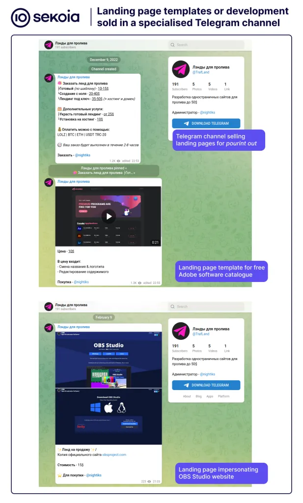 Landing page template or development sold in a Telegram channel specializing in the distribution of infostealers by Russian cybercriminals. Source: Sekoia