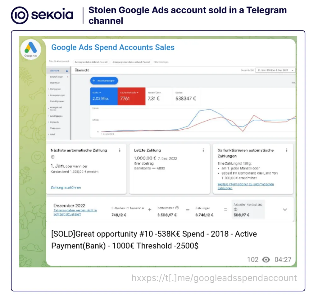 Google Ads account sold in December 2022 on a Telegram channel dedicated to the distribution of infostealers by Russian cybercriminals.