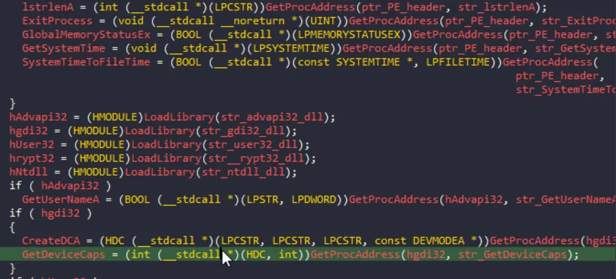 Extract of the function used to load extra libraries and their methods.
Available on Sekoia Blogpost: Stealc: a copycat of Vidar and Raccoon infostealers gaining in popularity - Part 2.