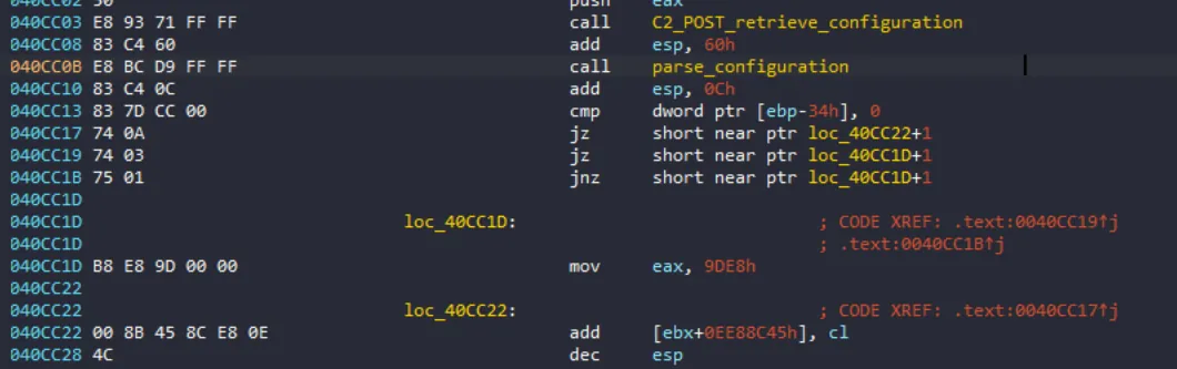 Wrong disassembly of the main function due to Stealc implemented anti-analysis technique. 
Available on Sekoia Blogpost: Stealc: a copycat of Vidar and Raccoon infostealers gaining in popularity - Part 2.