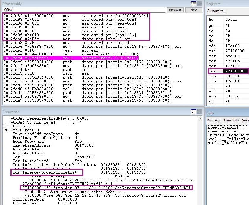 Debugging of the search GetProcAddess of Kernel32.dll.
Available on Sekoia Blogpost: Stealc: a copycat of Vidar and Raccoon infostealers gaining in popularity - Part 2.