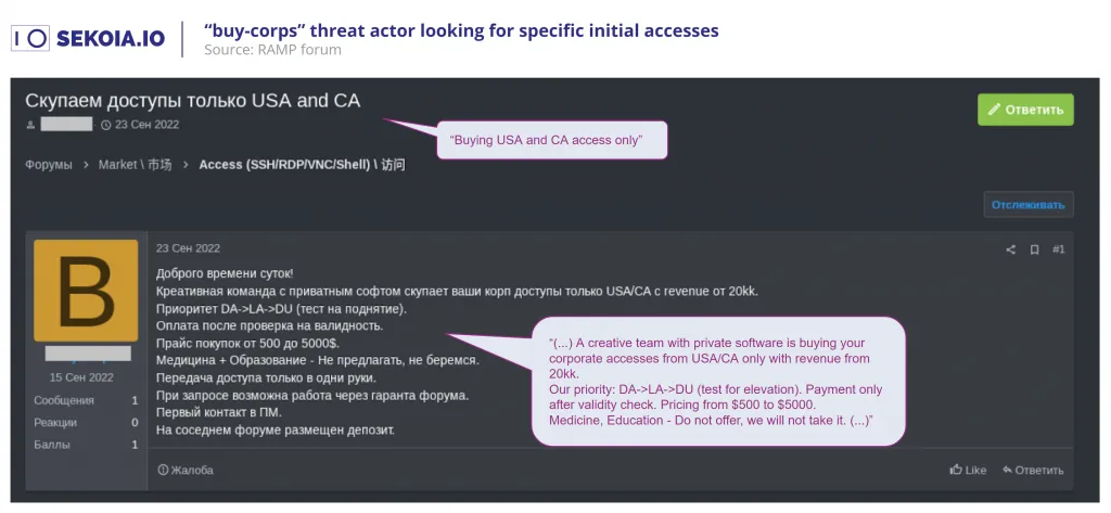 "Buy-corps" threat actor looking for specific initial accesses