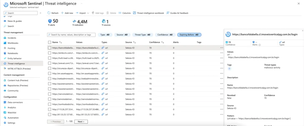 Threat Intelligence page in Microsoft Sentinel (SEKOIA.IO Sentinel One)