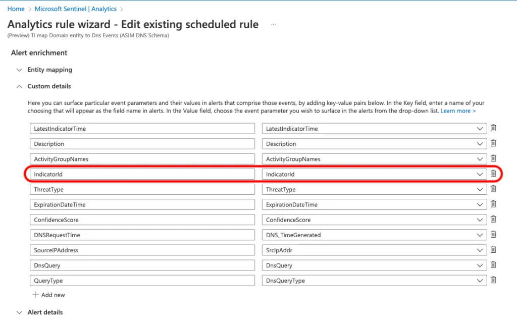 Custom details configuration of the analytics rule (SEKOIA.IO Microsoft Sentinel)