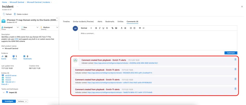 Comments added to the incident (SEKOIA.IO X Sentinel One)