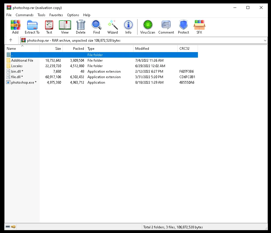 Content of the password-protected archive “photoshop.rar” (infection chain example).