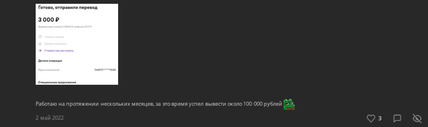 A Reidmann Team traffer’s review on the Lolz Guru forum: “I am working now for a few months, and during this time I already received about 100,000 roubles” (the equivalent of 1,350 euros at the date of publication) (Source: Lolz Guru forum)