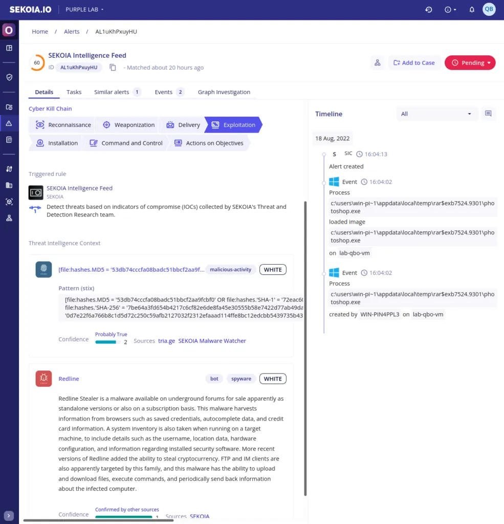 Detection of “photoshop.exe” as Redline in SEKOIA.IO XDR (infection chain example).