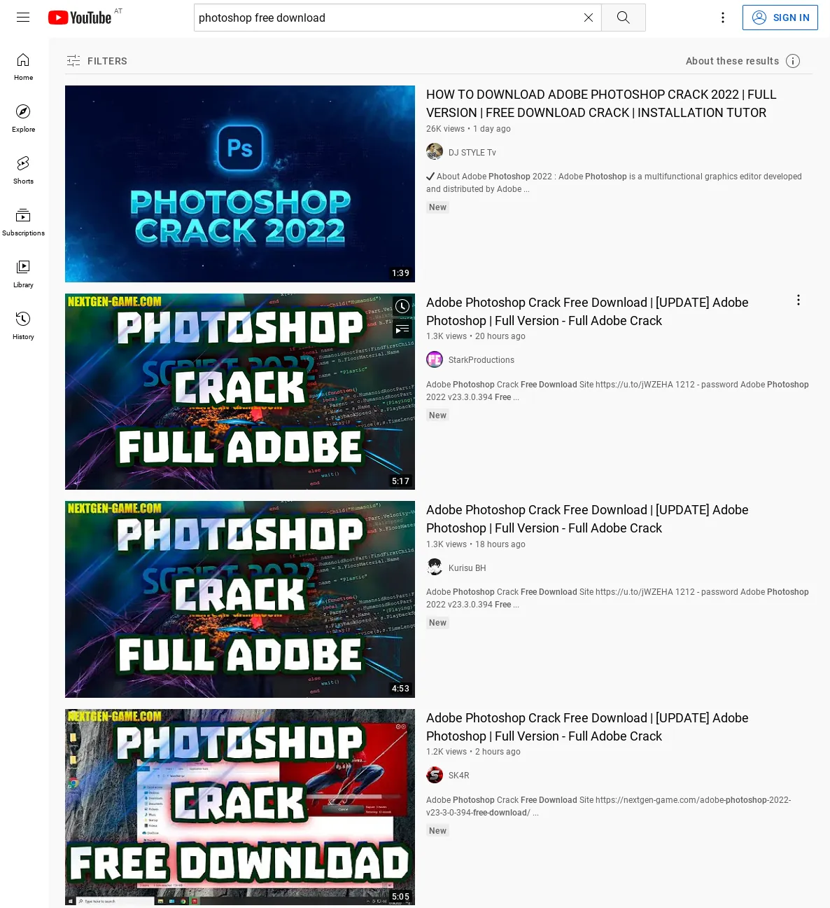 Results for the search “photoshop free download” on YouTube as of August 18, 2022 (infection chain example).