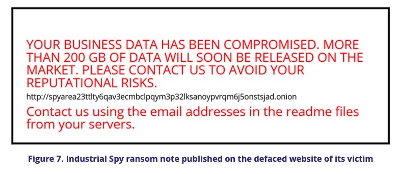 Industrial Spy ransom note published on the defaced website of its victim