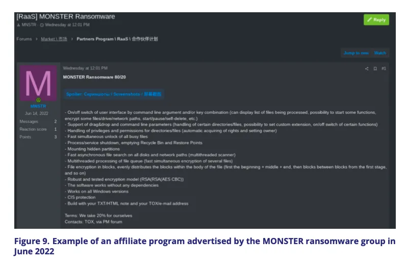 Example of an affiliate program advertised by the MONSTER ransomware group in June 2022.