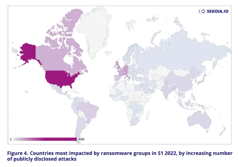Countries most impacted by ransomware groups in S1 2022, by increasing number of publicly disclosed attacks