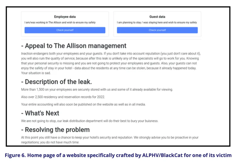 Home page of a website specifically crafted by ALPHV/BlackCat for one its victim