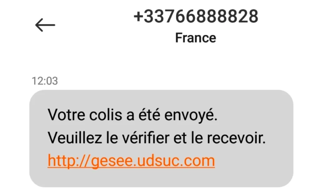 Initial attack vector of Moqhao is Phishing SMS (translated from French: “Your package has been sent. Please check it and receive it.