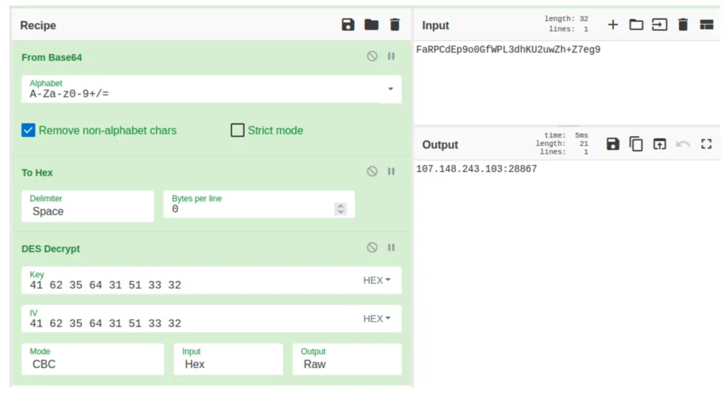 CyberChef recipe to decrypt the string containing the C2 server