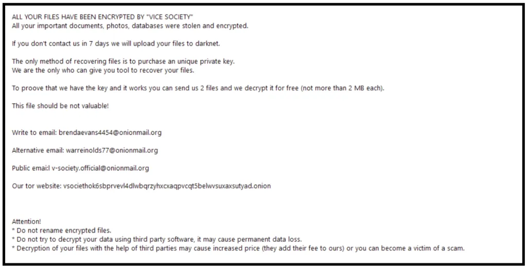 Vice Society ransom note left by a ransomware sample