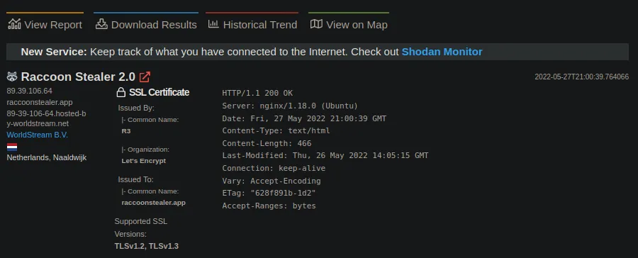 Server hosting a web page named “Raccoon Stealer 2.0” on Shodan