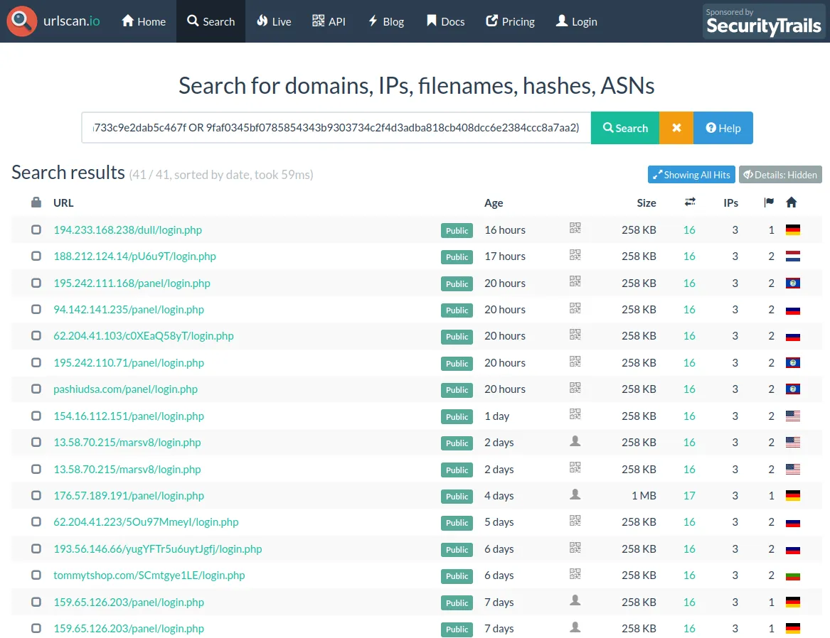 Urlscan.io results on the heuristic identifying Mars Stealer login pages