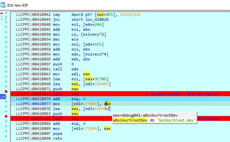 IDA decompilation of the C2 bozkurtoot[.]dev loading after its decryption (RC4)