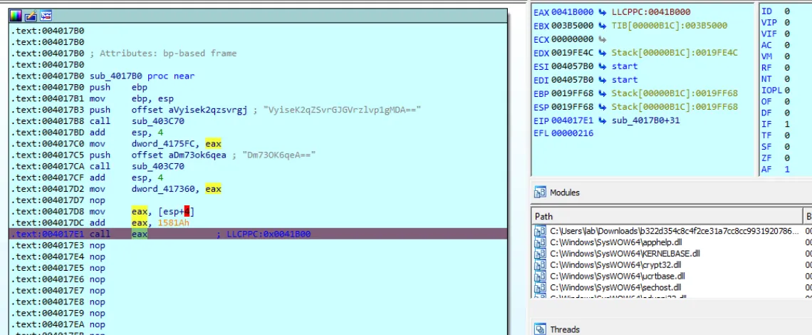 IDA decompilation of the function “decrypt_string” that calls a function in LLCPPC section to load the C2