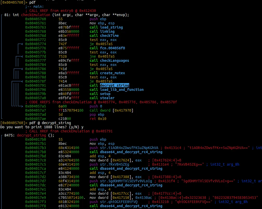 Offset of C2 encoded in base64 and encrypted with RC4 (addresses: 0x4131f4 and 0x413210)