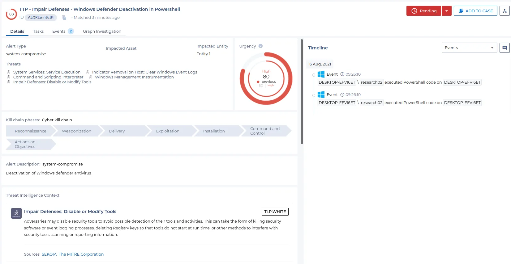 Detection of Windows Defender deactivation in Sekoia