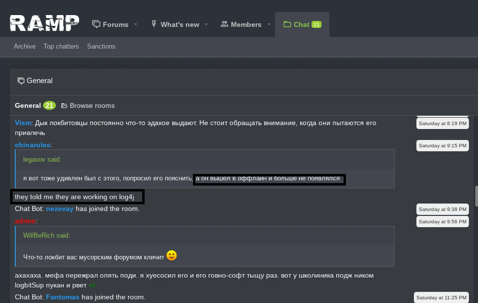 legasov (about the LockBit representative being offline for a while): “he went offline and never showed up again“
chinarules: “they told me they are working on log4j”