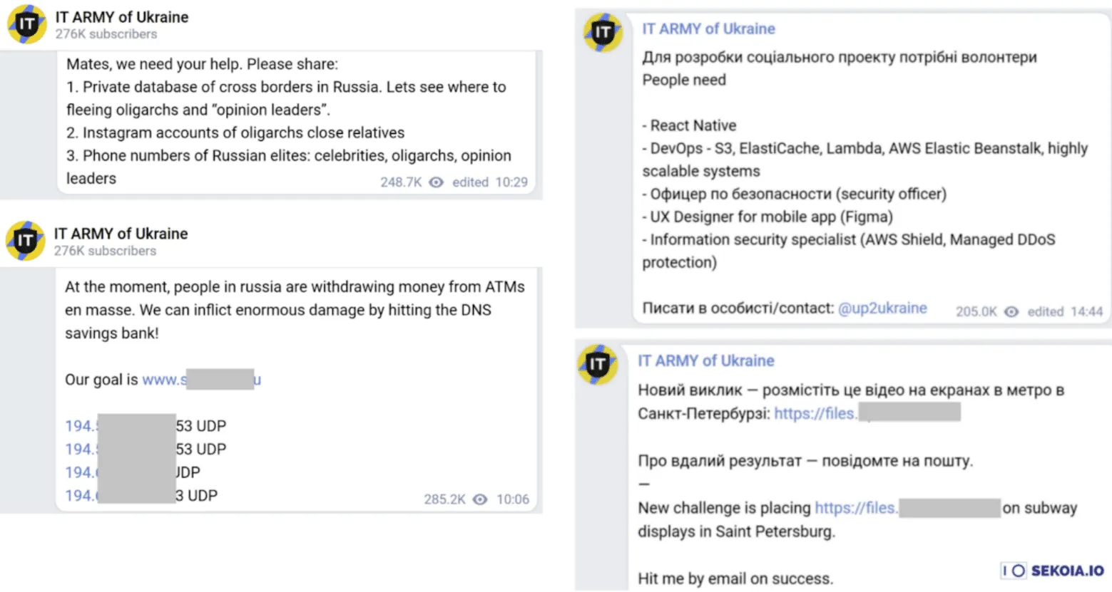 Ukraine’s IT Army messages posted on its official Telegram channel