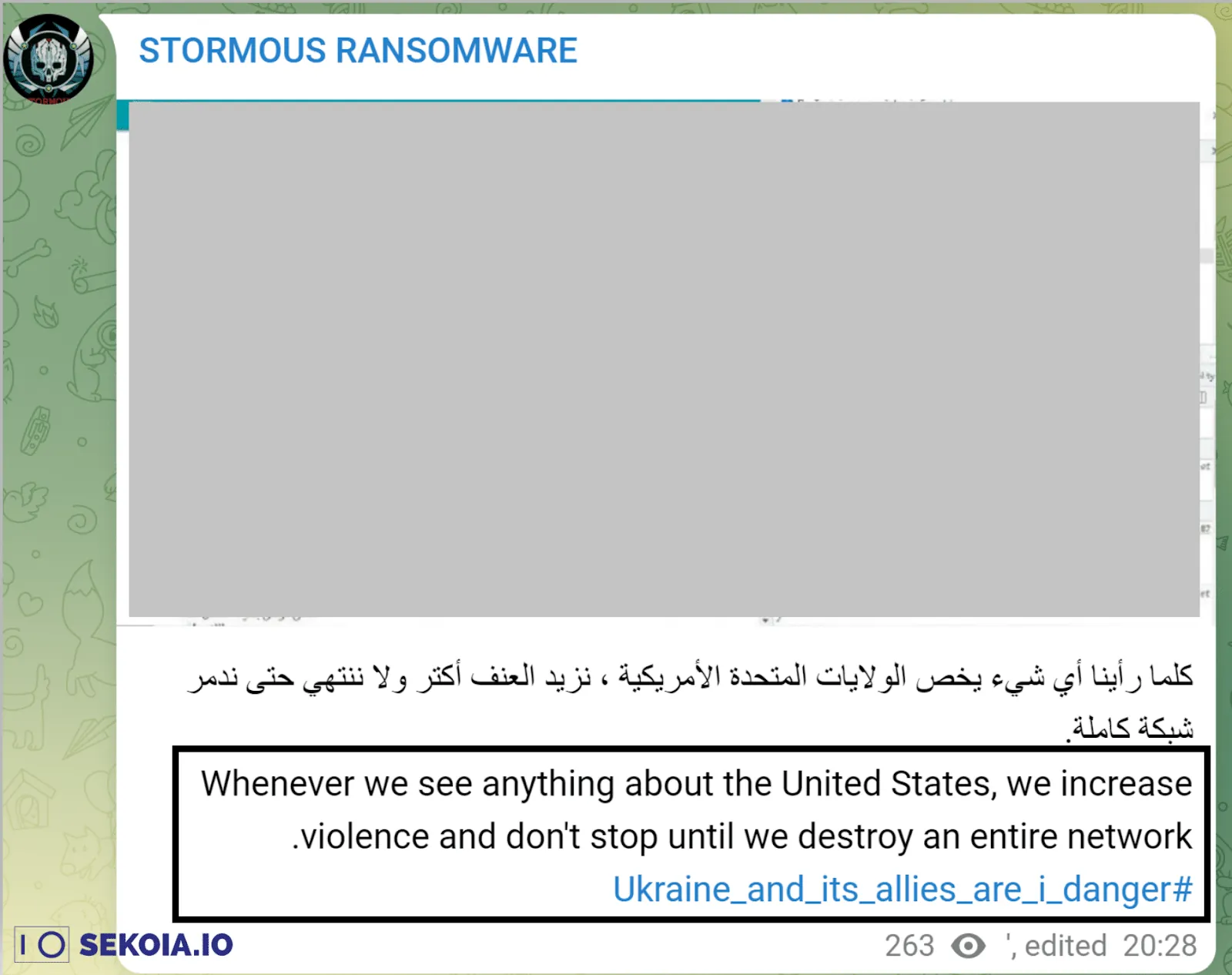 Stormous Ransomware announcements on the group’s Telegram account