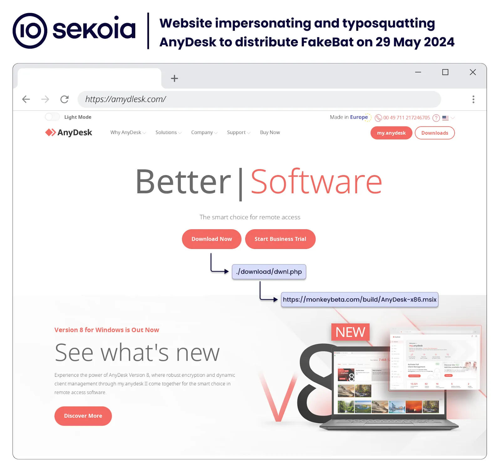 Website impersonating and typosquatting AnyDesk to distribute FakeBat, as of 29 May 2024. Source: Sekoia TDR Team