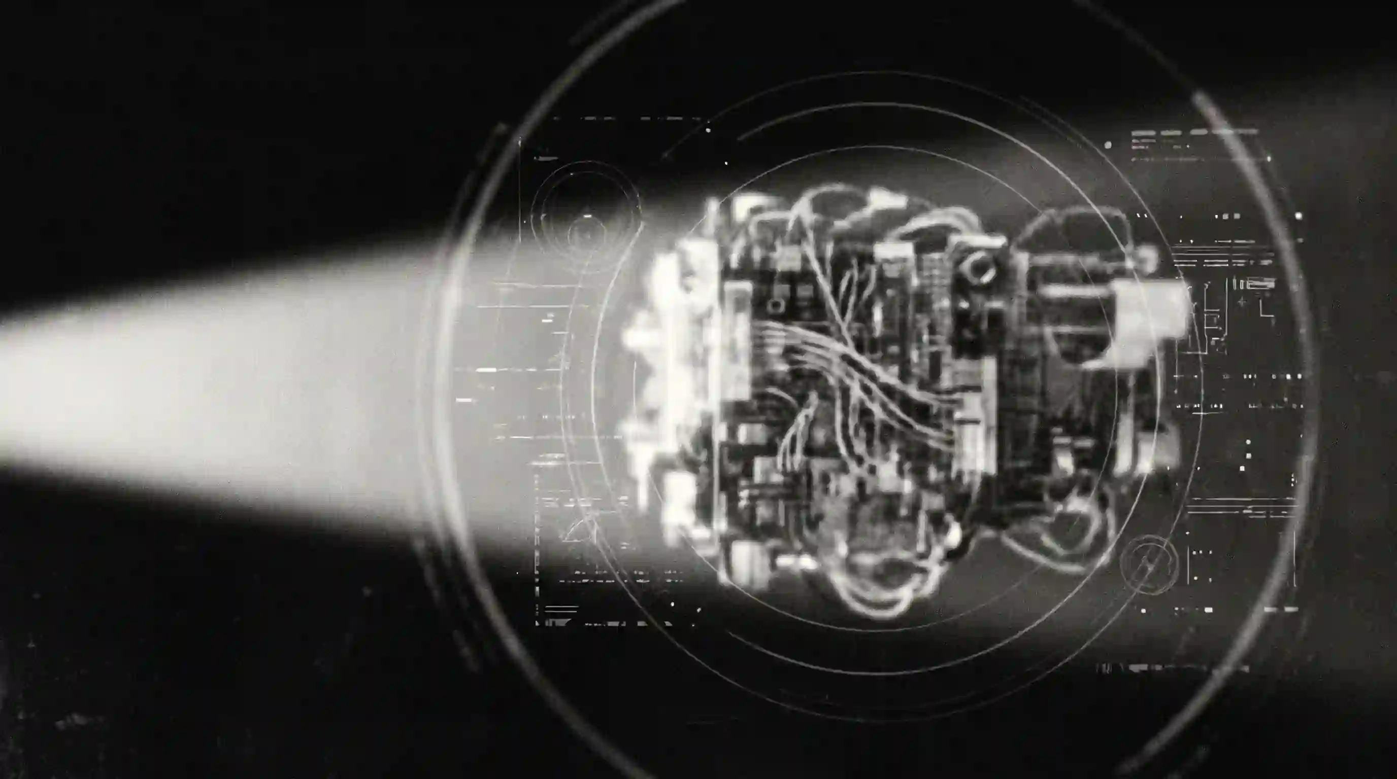 Robotic brain under examination spotlight, black and white