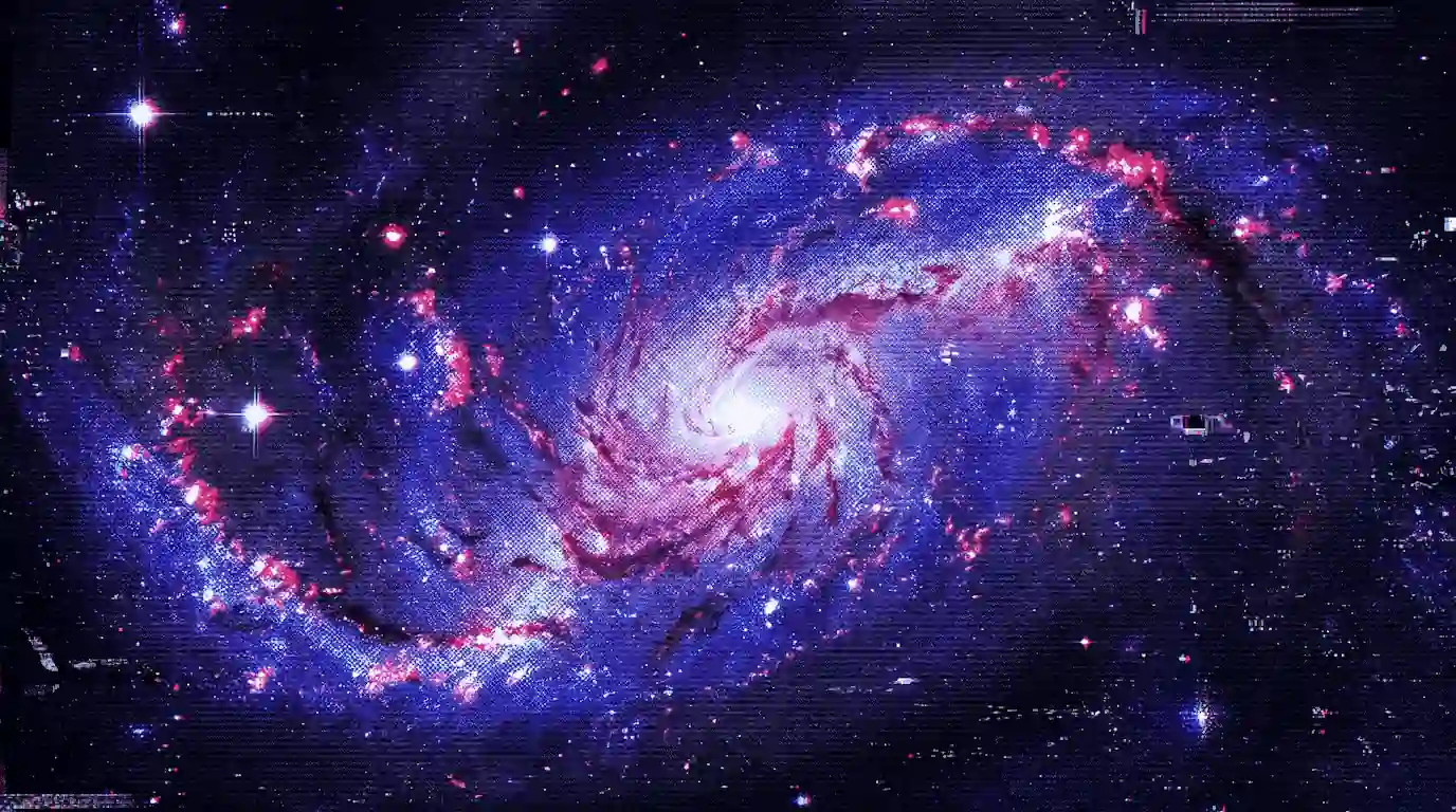 A spiral galaxy glowing in purple, blue, and pink against space, layered with a digital CRT scanline effect.
