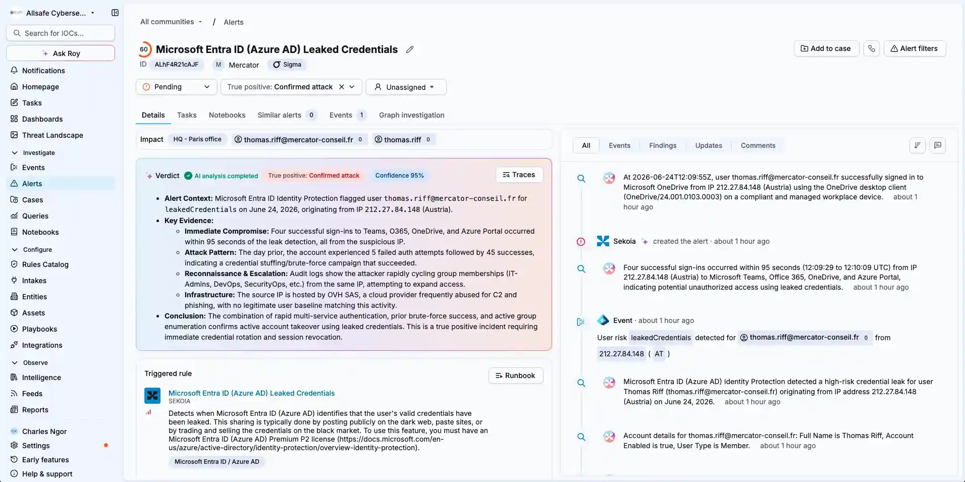 An alert timeline within the Sekoia platform.