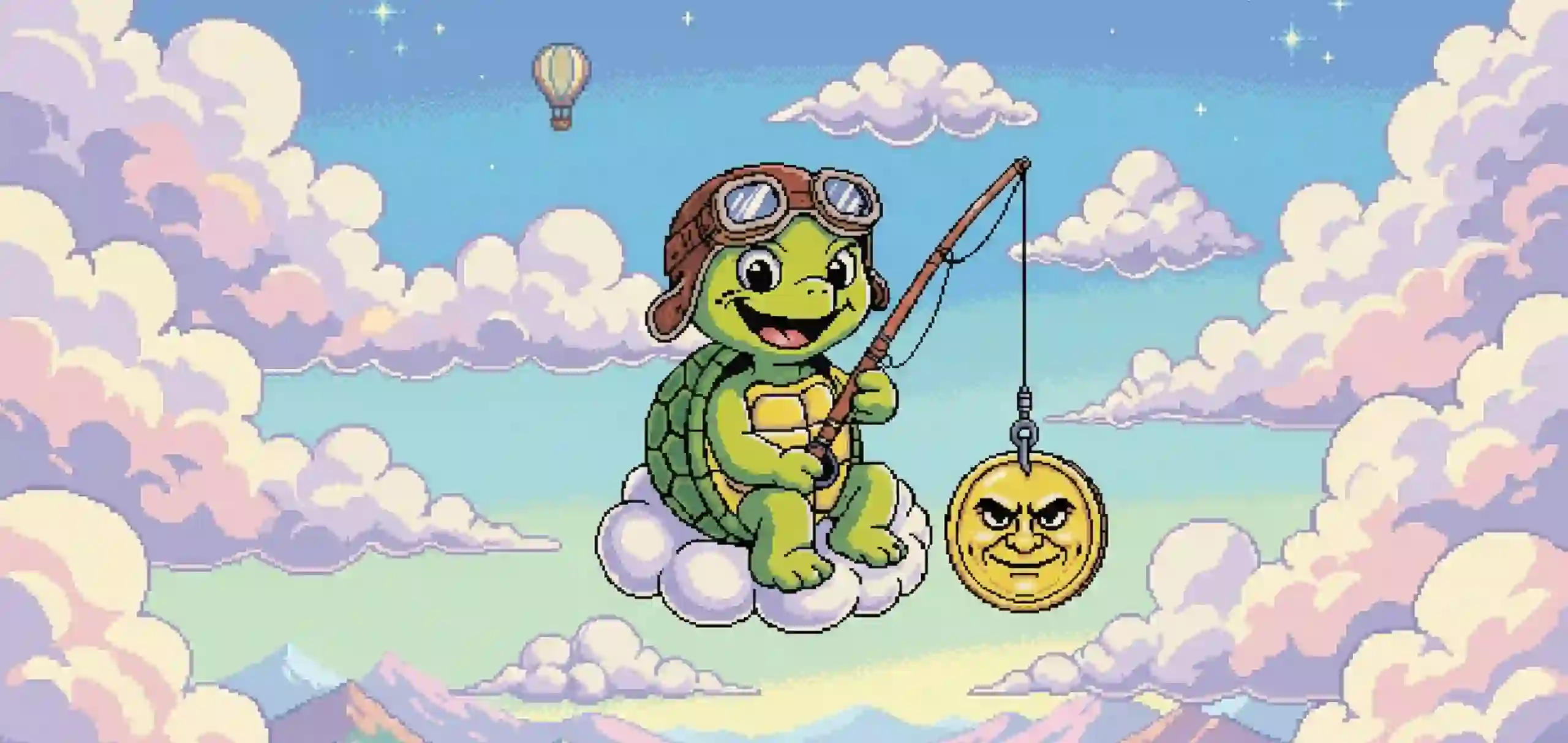 Pixel art illustration of a cheerful turtle in aviator goggles sitting on a cloud while fishing for a gold coin with an evil smiling face.