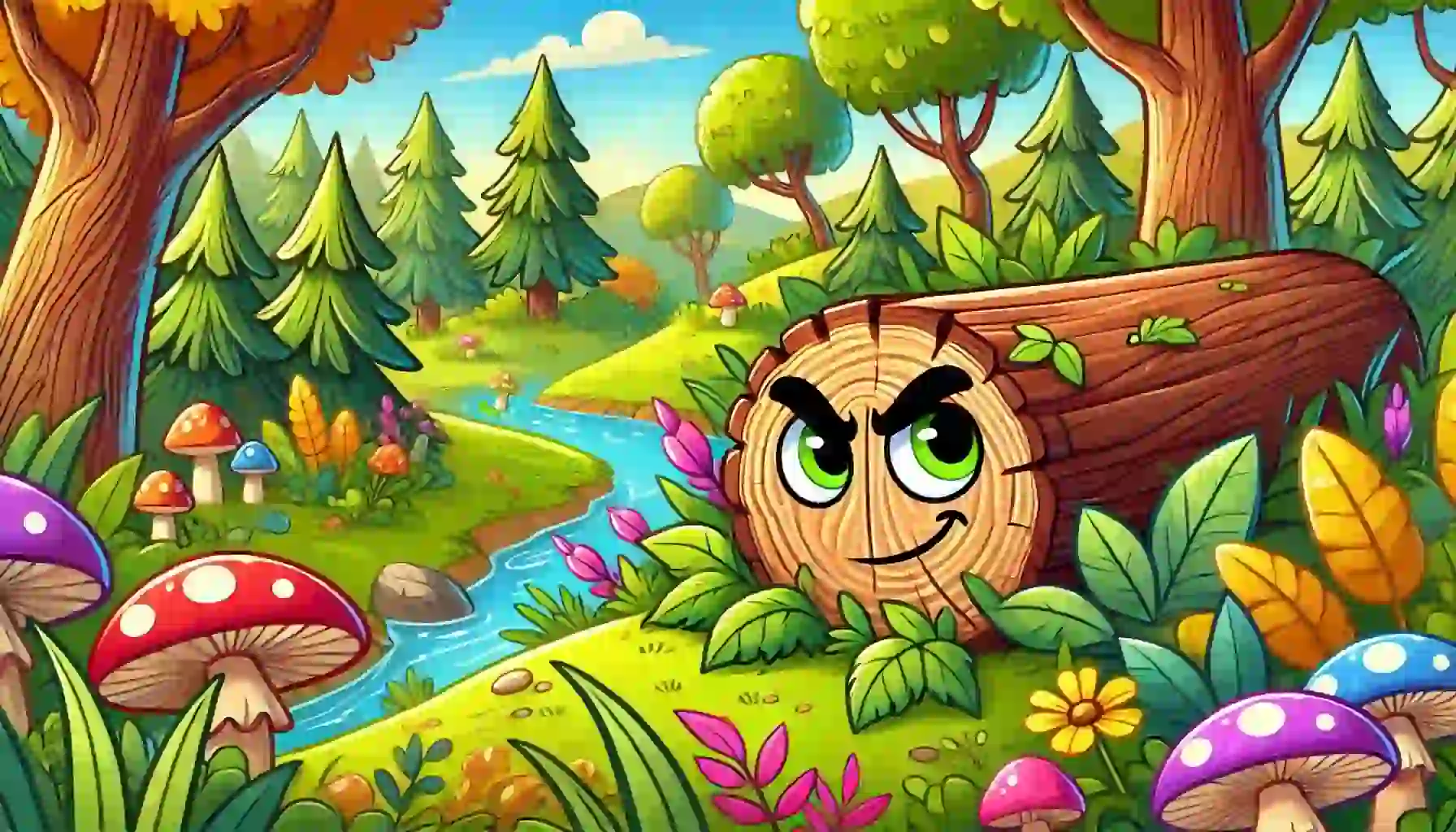 Colorful cartoon illustration of a forest scene featuring a wooden log with a sneaky, mischievous face, green eyes, and a smirk, surrounded by pine trees, mushrooms, and a small stream.