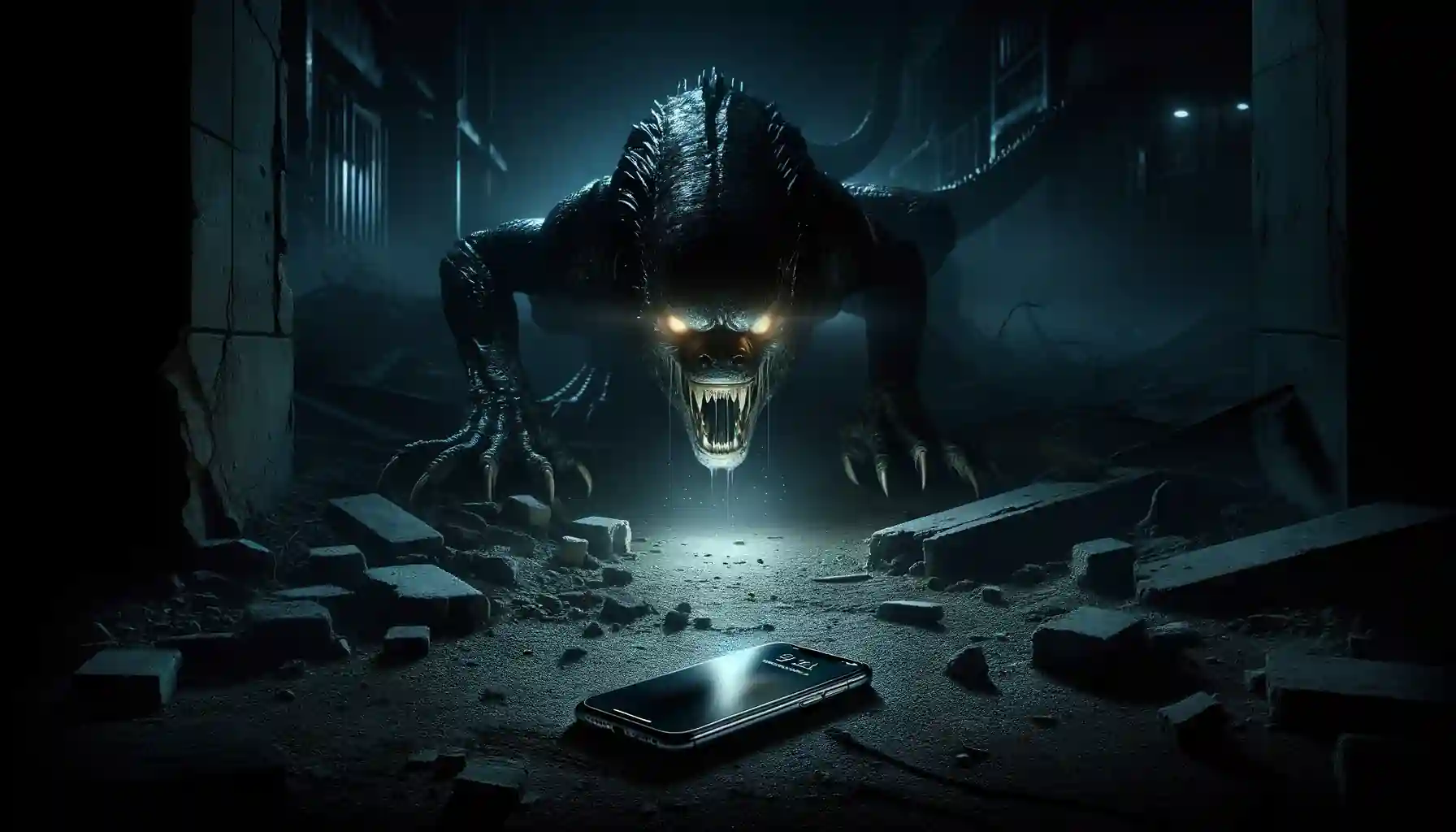 A dark digital illustration depicting a menacing reptilian monster with glowing eyes lurking in the shadows, crouching over an illuminated smartphone lying on a ruined floor.