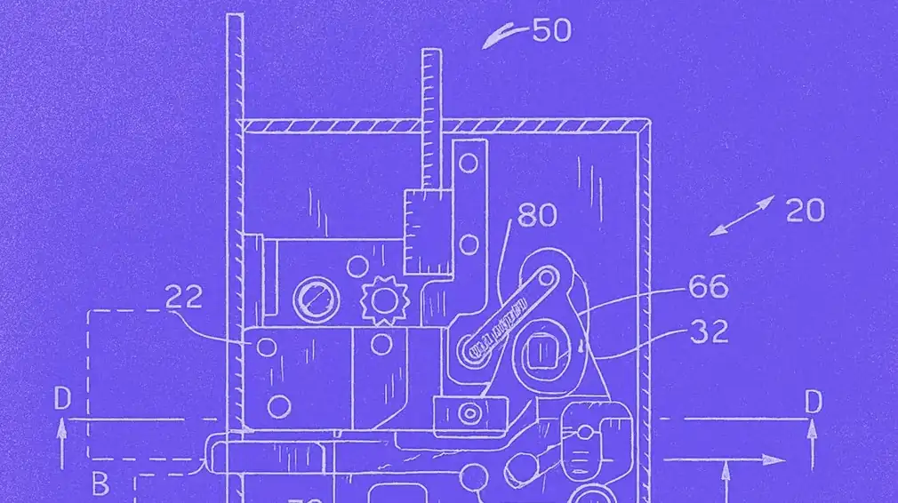 Purple blueprint diagram of a mechanical locking mechanism with technical annotations, labels, and reference numbers.