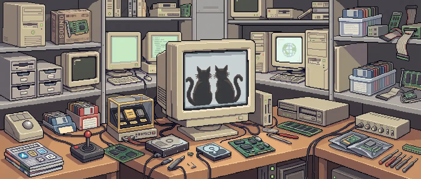 Pixel-art illustration of a retro computer lab filled with vintage computers, floppy disks, circuit boards, and electronic equipment, with two cats displayed on the central monitor.