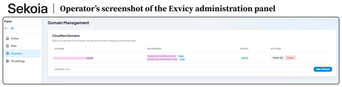Operator's screenshot of the Exvicy administration panel