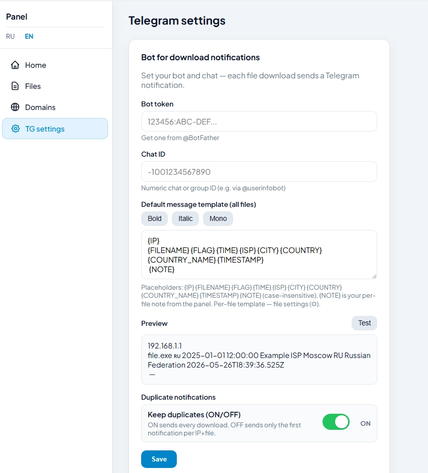 Exvicy Telegram bot settings