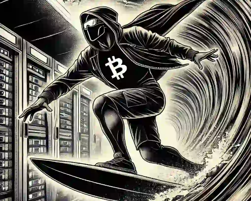 Cyberpunk figure wearing a Bitcoin hoodie surfing through a server room data wave.