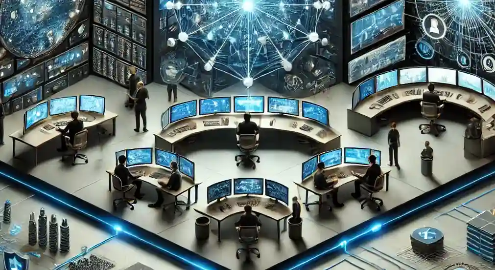 Isometric futuristic SOC room with analysts monitoring network security screens.