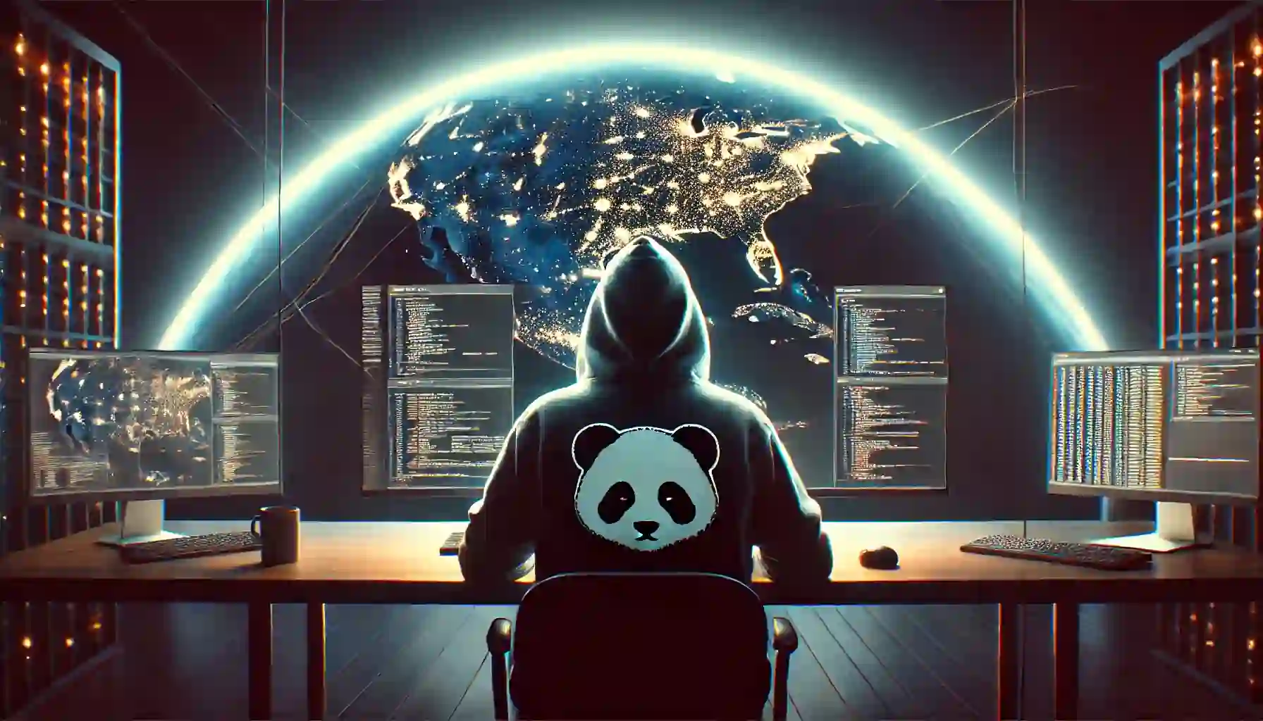 Hooded developer with a panda logo working at a multi-monitor workstation against a glowing digital globe.