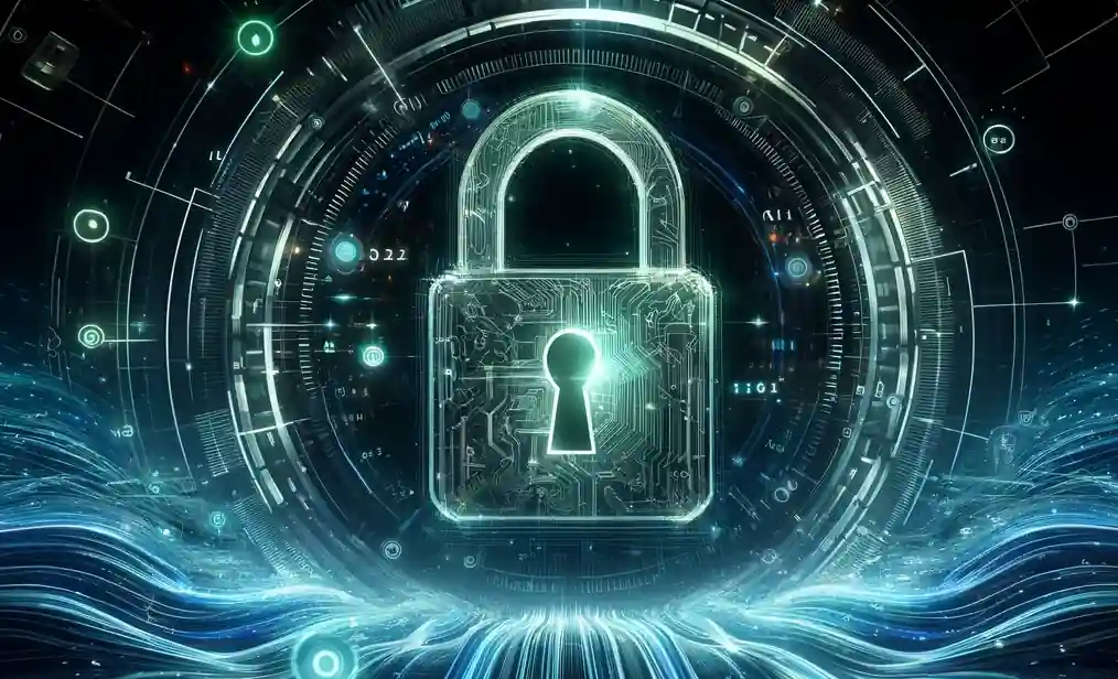 Glowing digital padlock with futuristic circuit interfaces and light trails.