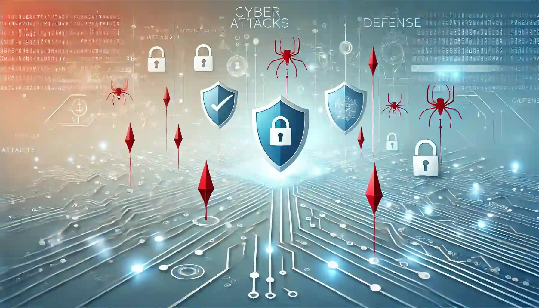 Conceptual cybersecurity graphic illustrating cyber attacks versus defense with shields, padlocks, and threat icons.