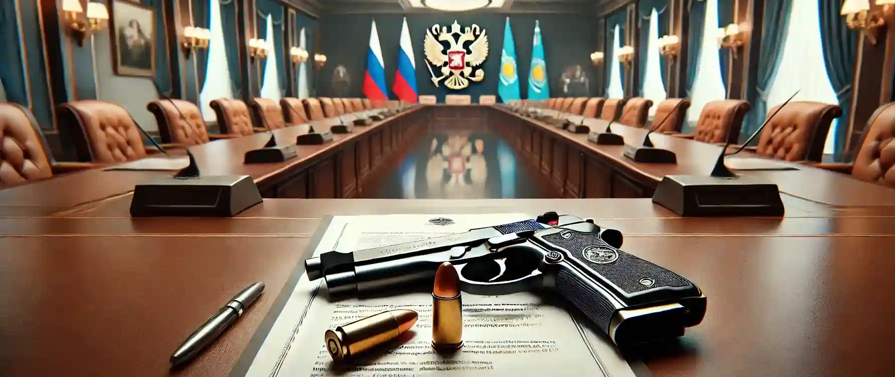 Handgun and bullets on a document in an official Russian conference room.
